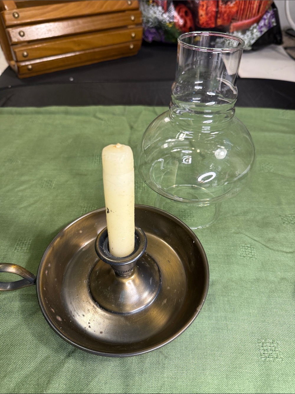 Antique-Style Brass Finish Chamberstick with Clear Glass Chimney - Brass Tone